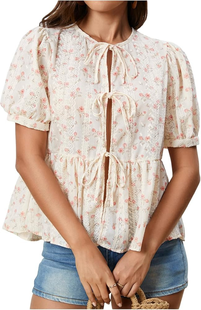 WDIRARA Women's Floral Print Bow Tie Front Blouse Puff Short Sleeve Round Neck Peplum Babydoll Sh... | Amazon (US)
