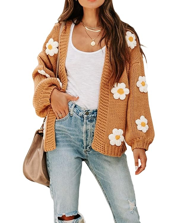 Women Crop Cardigan Sweater Long Puff Sleeve Strawberry V Neck Button Y2K Knit Cardigan Kawaii Cr... | Amazon (US)