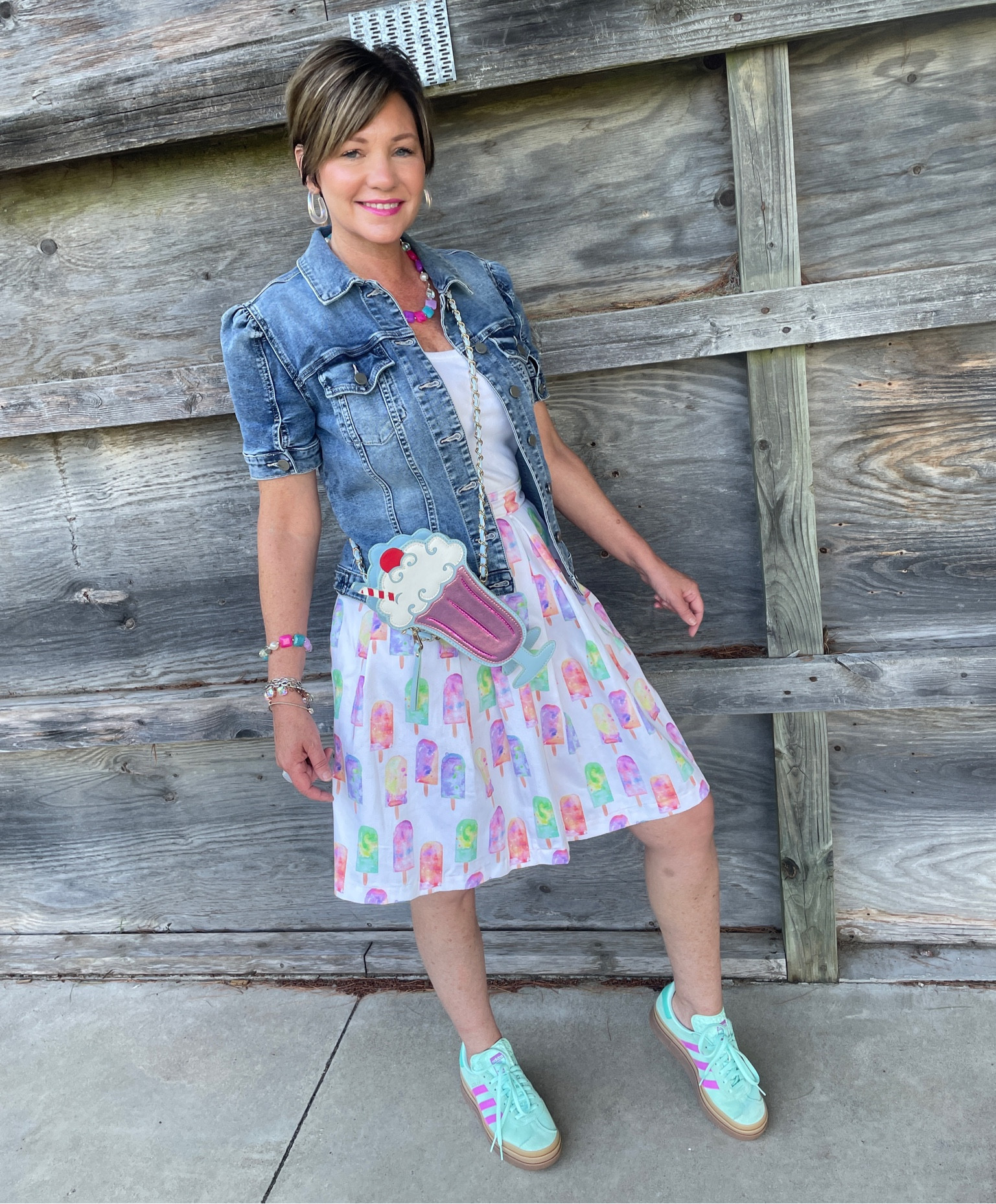 Popsicle skirt
Themed clothes 
Adidas gazelle bold mint and violet
Ice cream bag

#LTKStyleTip #LTKSeasonal #LTKOver40