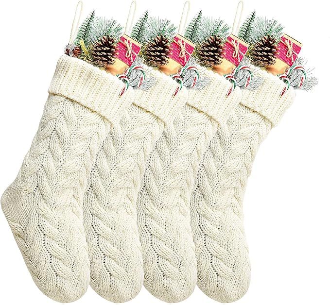 Kunyida Pack 4,18" Unique Ivory White Knit Christmas Stockings Style3 | Amazon (US)