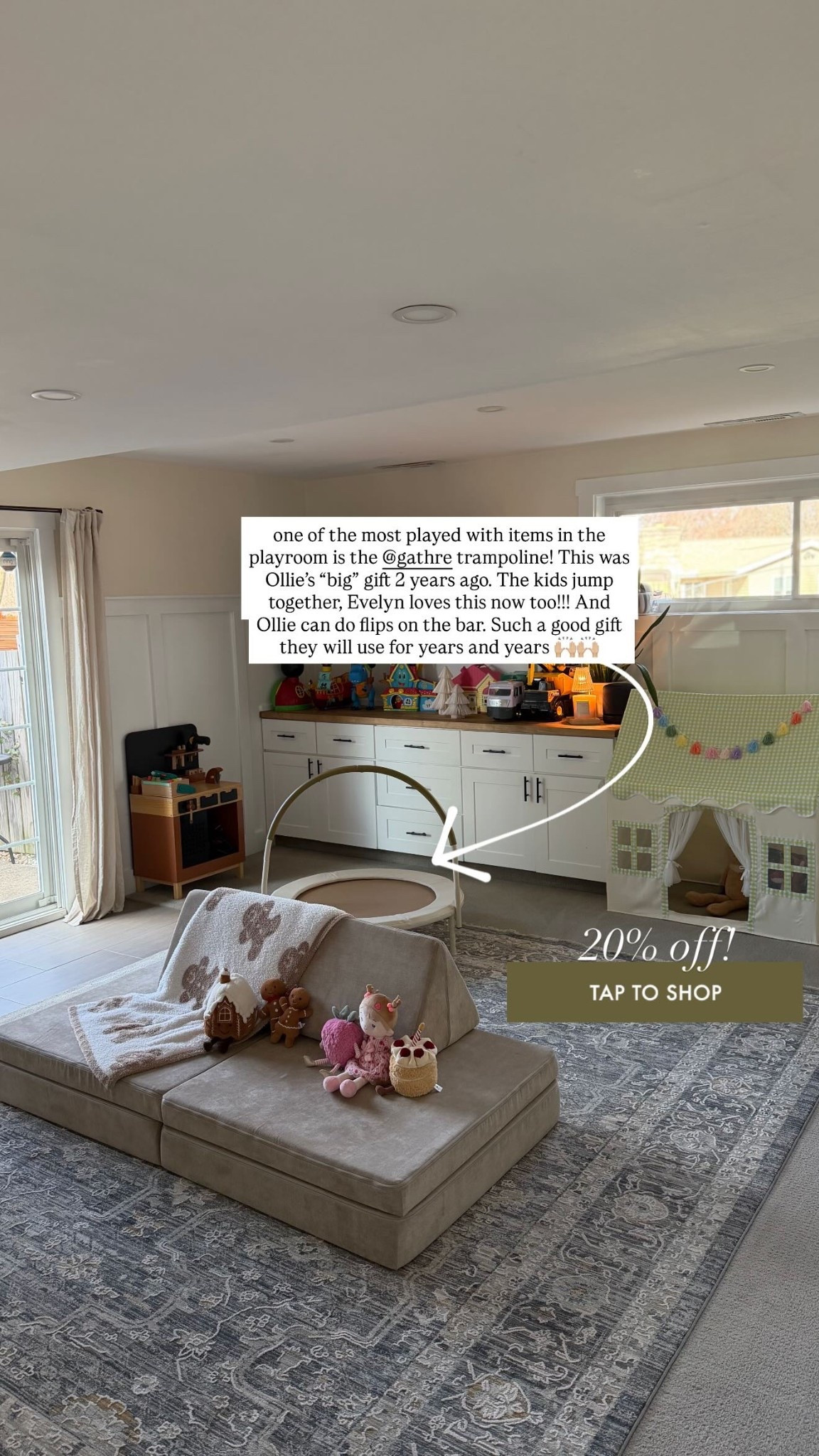 one of the most played with items in the playroom is the @gathre trampoline! This was Ollie’s “big” gift 2 years ago. The kids jump together, Evelyn loves this now too!!! And Ollie can do flips on the bar. Such a good gift they will use for years and years 🙌🏼🙌🏼 20% off!