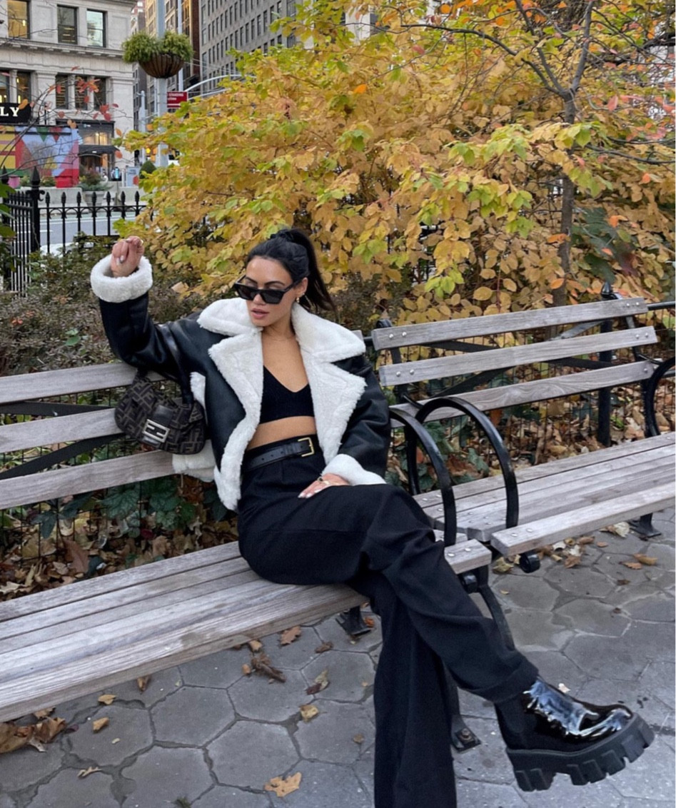 fall leather jacket with white fur, black trousers, black mini felt, black boots, skims black bra #skims 

#LTKSeasonal #LTKstyletip #LTKBacktoSchool