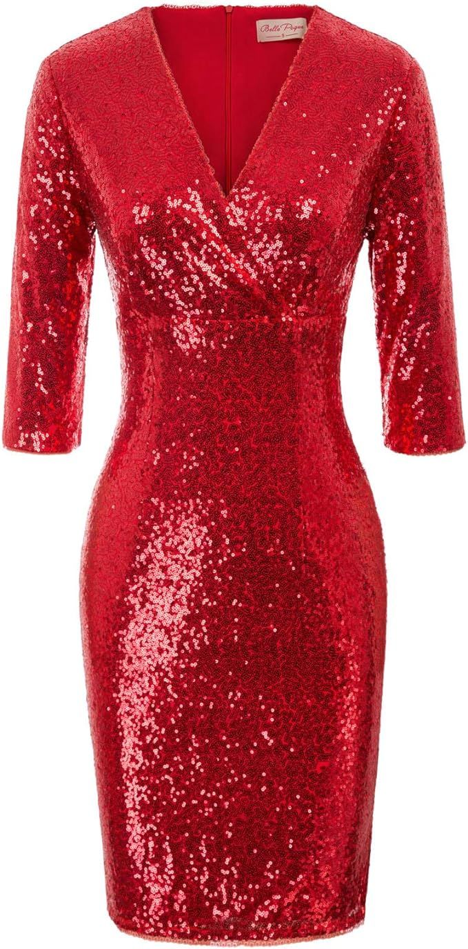 Belle Poque Vintage 50s Sequin Pencil Dress V Neck Glitter Dresses for Women | Amazon (US)