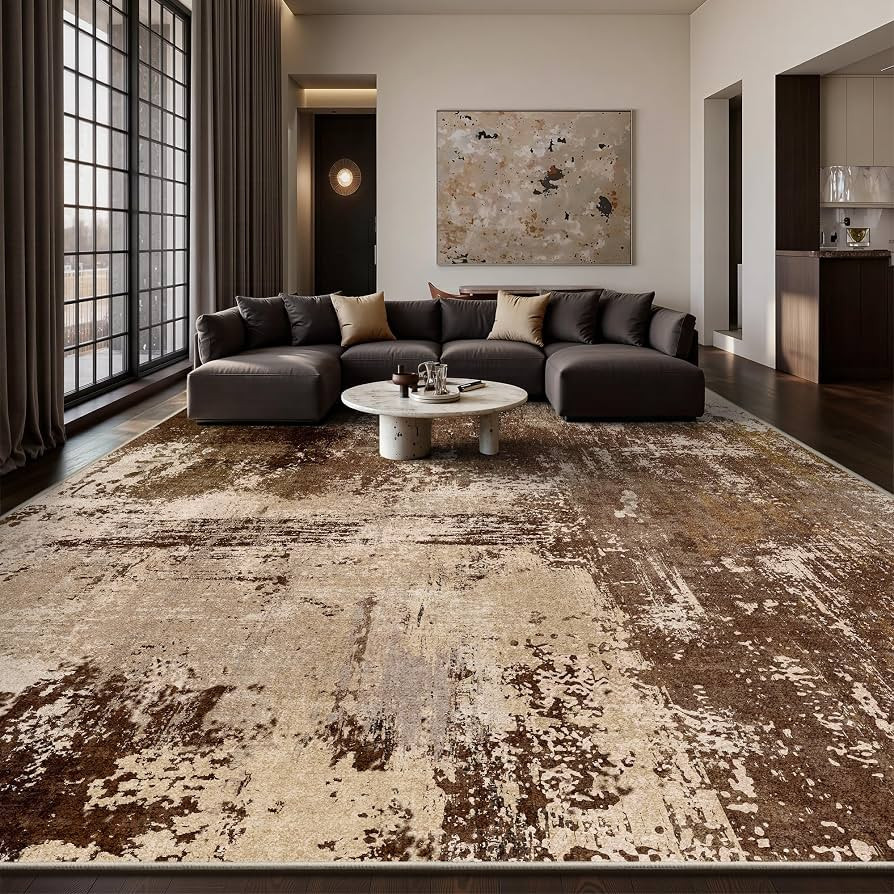 10x12 Area Rugs - Modern Abstract Washable Rug, Ultra Soft Non Slip Low Pile Large Brown Rugs for... | Amazon (US)