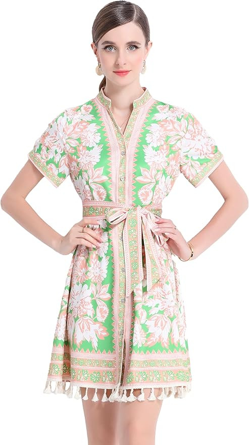 LAI MENG FIVE CATS Women's Short Sleeve V-Neck Floral Print Split Casual Boho Mini Dress | Amazon (US)