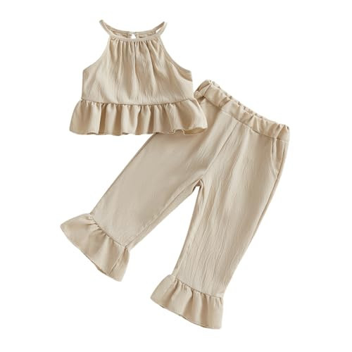 Rourufy Toddler Girl Outfits Sleeveless Top Bell Bottoms Set Baby Girls Ruffle T Shirt Flare Pants Spring Summer Clothes (A Apricot, 18-24 Months) | Amazon (US)