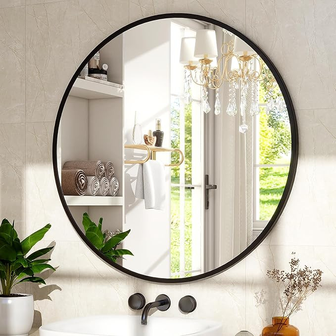 30-Inch Round Wall Mirror - Black Bathroom Mirror with Metal Frame - Modern Hanging Mirror for En... | Amazon (US)