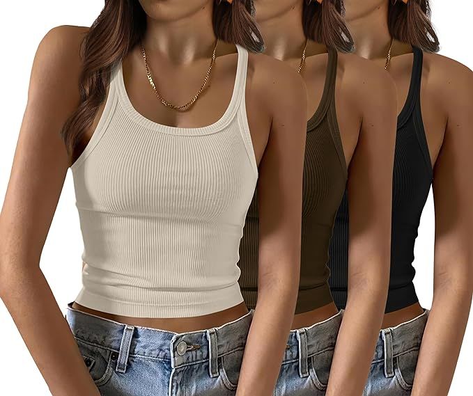 Saloogoe Camisetas sin mangas para mujer, acanaladas, con cuello redondo, para verano, básicas, ... | Amazon (US)