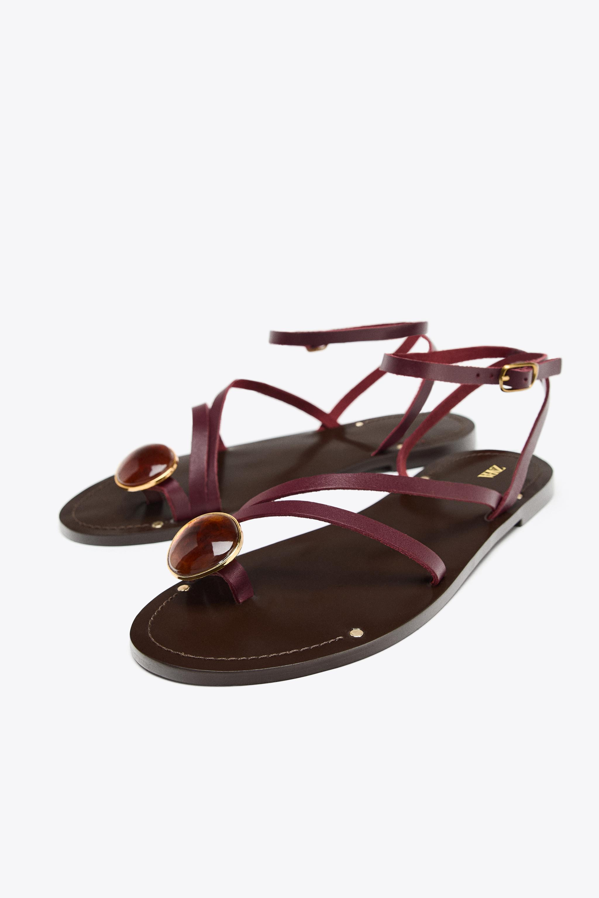 FLAT LEATHER SANDALS WITH STRAPS AND DECORATION | Zara UK
