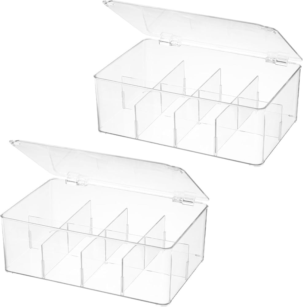 Divided Clear Plastic Organizer Bin with Hinge Lid, 8 Sections Tea Bag Storage Box for Kitchen, S... | Amazon (US)