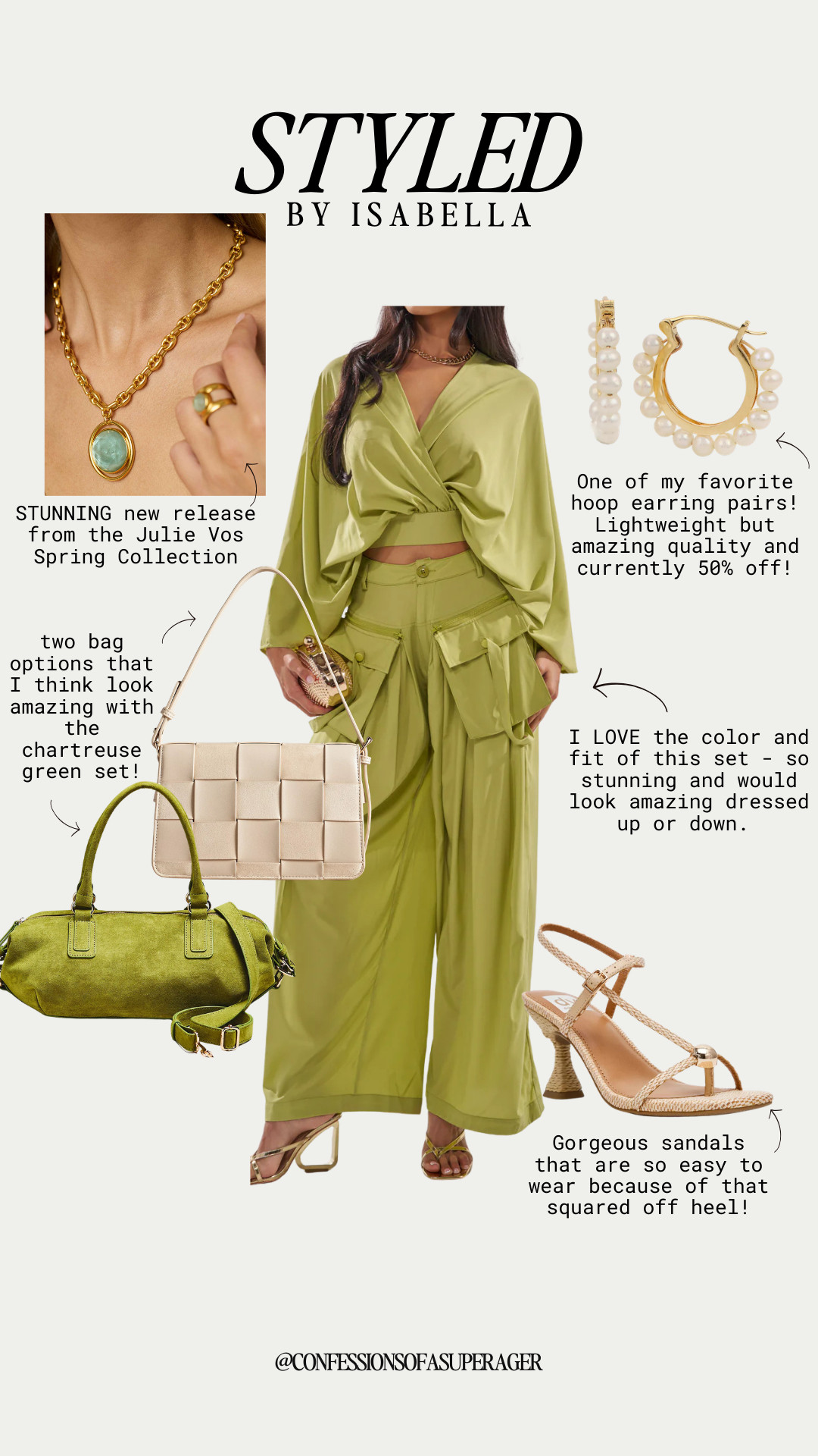 Obsessed with this chartreuse green spring outfit 💚 This chic matching set is the perfect statement look for spring and vacation season—elevated yet effortless and easy to dress up or down. Styled with a stunning gold pendant necklace from the new Julie Vos spring collection, pearl hoop earrings (currently 50% off!), neutral woven heels, and two gorgeous bag options that complement the look beautifully. If you’re searching for spring outfit ideas, matching sets for women, resort wear, luxury style, or over 40 fashion inspiration, this look is a must-see. Tap to shop all the details on LTK @confessionsofasuperager ✨ #SpringOutfit #MatchingSet #ResortWear #VacationStyle #Over40Style #LuxuryStyle #SpringFashion #Chartreuse #LTKStyle 

 

#LTKSpringSale #LTKootd #LTKSaleAlert