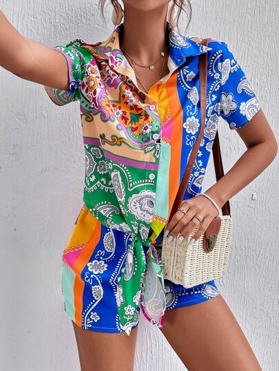 Paisley & Floral Print Colorblock Tie Hem Blouse & Shorts
   SKU: sw2112174021428542      
      ... | SHEIN