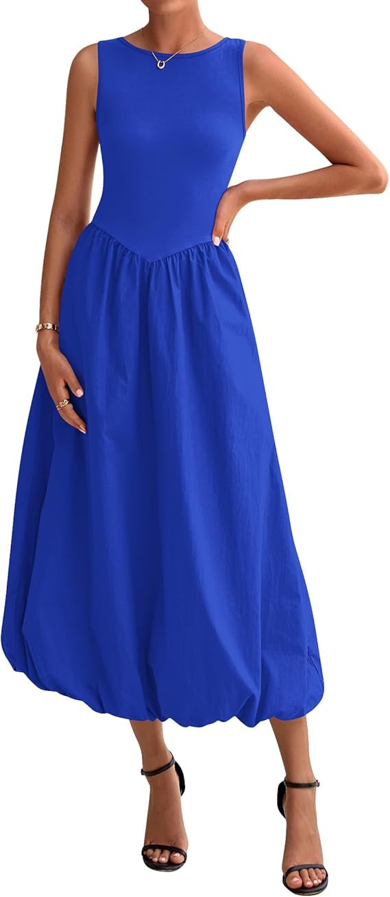 BTFBM Women's 2025 Summer Casual Sleeveless Midi Dress Patchwork Knit Tank Bubble Long Flowy Beac... | Amazon (US)