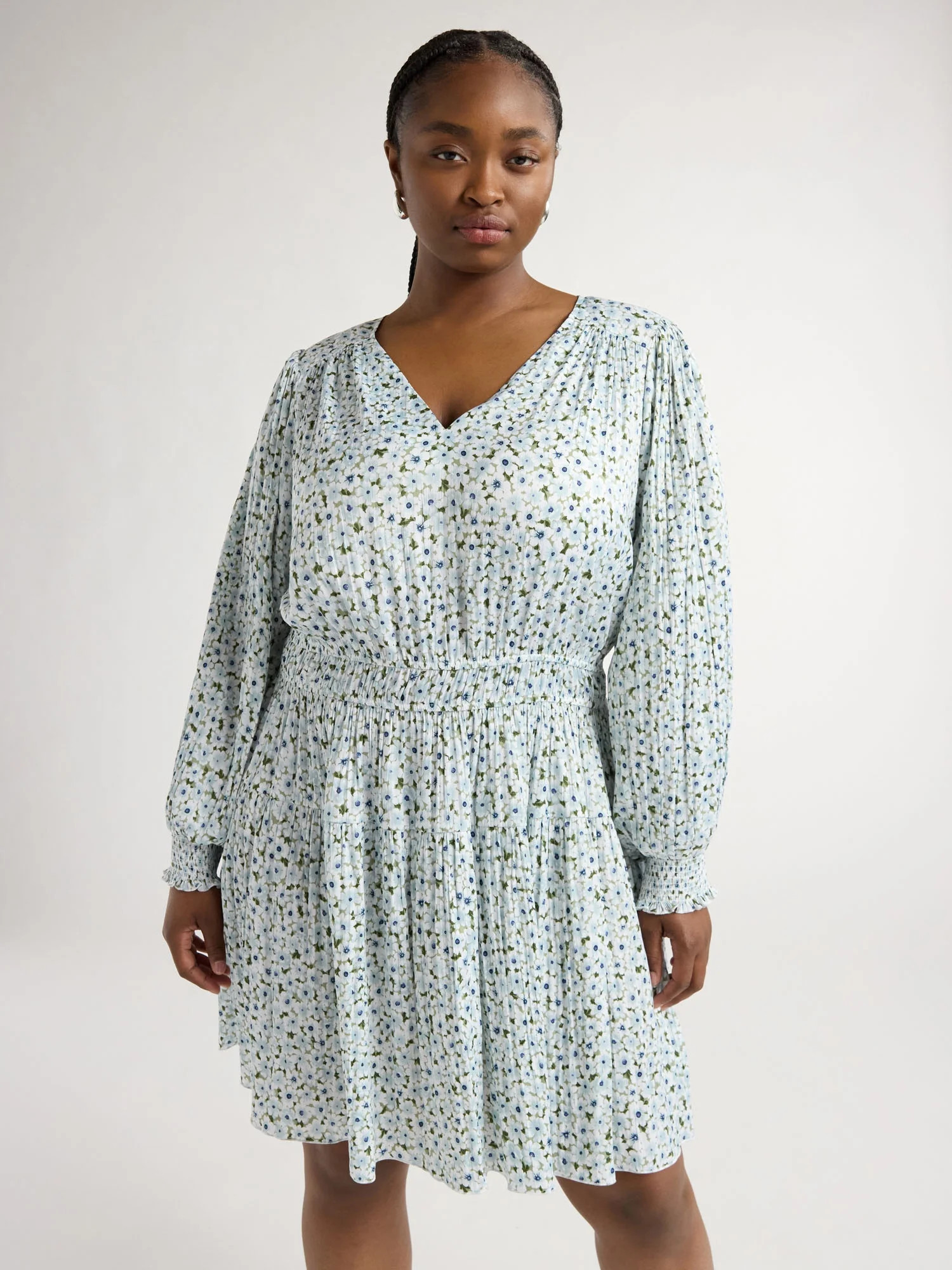 Scoop Women's and Women's Plus Crinkle Satin V-Neck Shirred Mini Dress with Long Sleeves, Sizes X... | Walmart (US)