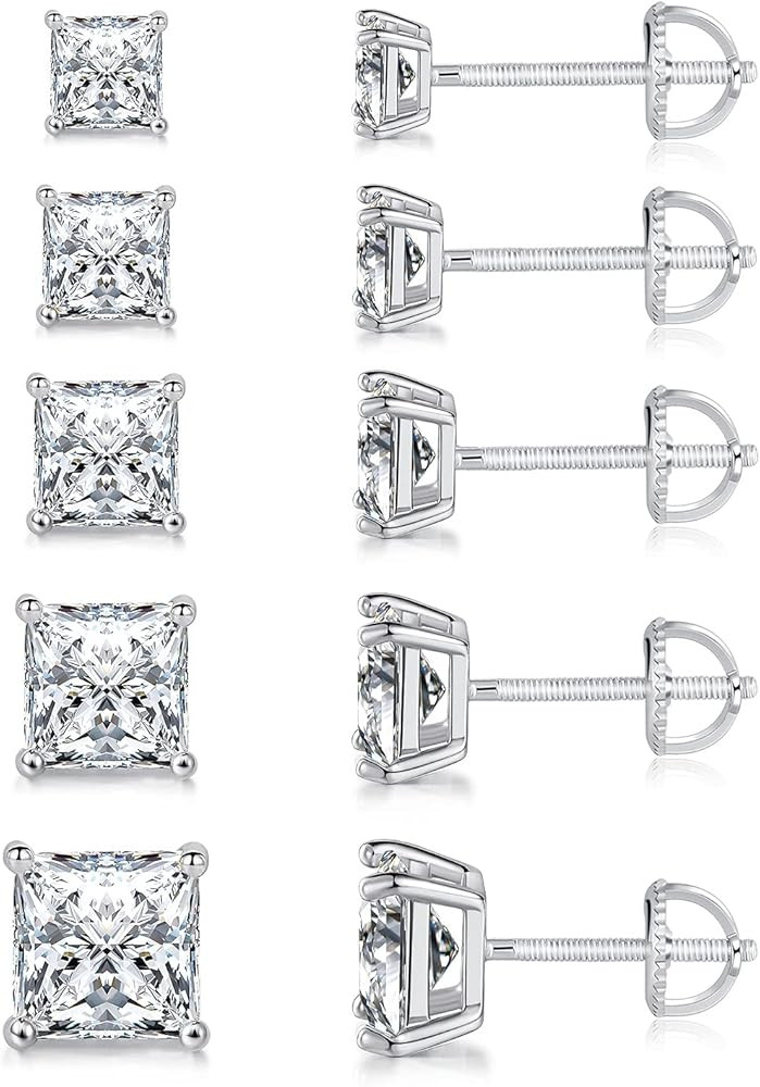 18K Gold Plated Princess Cut Cubic Zirconia Screw Back Stud Earring Pack of 5 Pairs (5 Pairs) | Amazon (US)