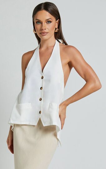 Alonzo Vest - Linen Look Halter Neck Vest with Pockets in White | Showpo (US, UK & Europe)