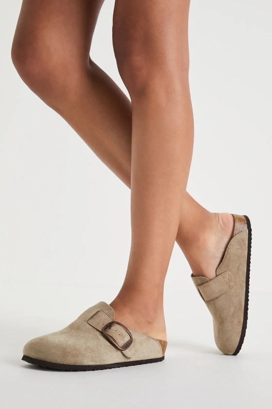 Prim Taupe Suede Buckle Flatform Slip-On Clogs | Lulus (US)