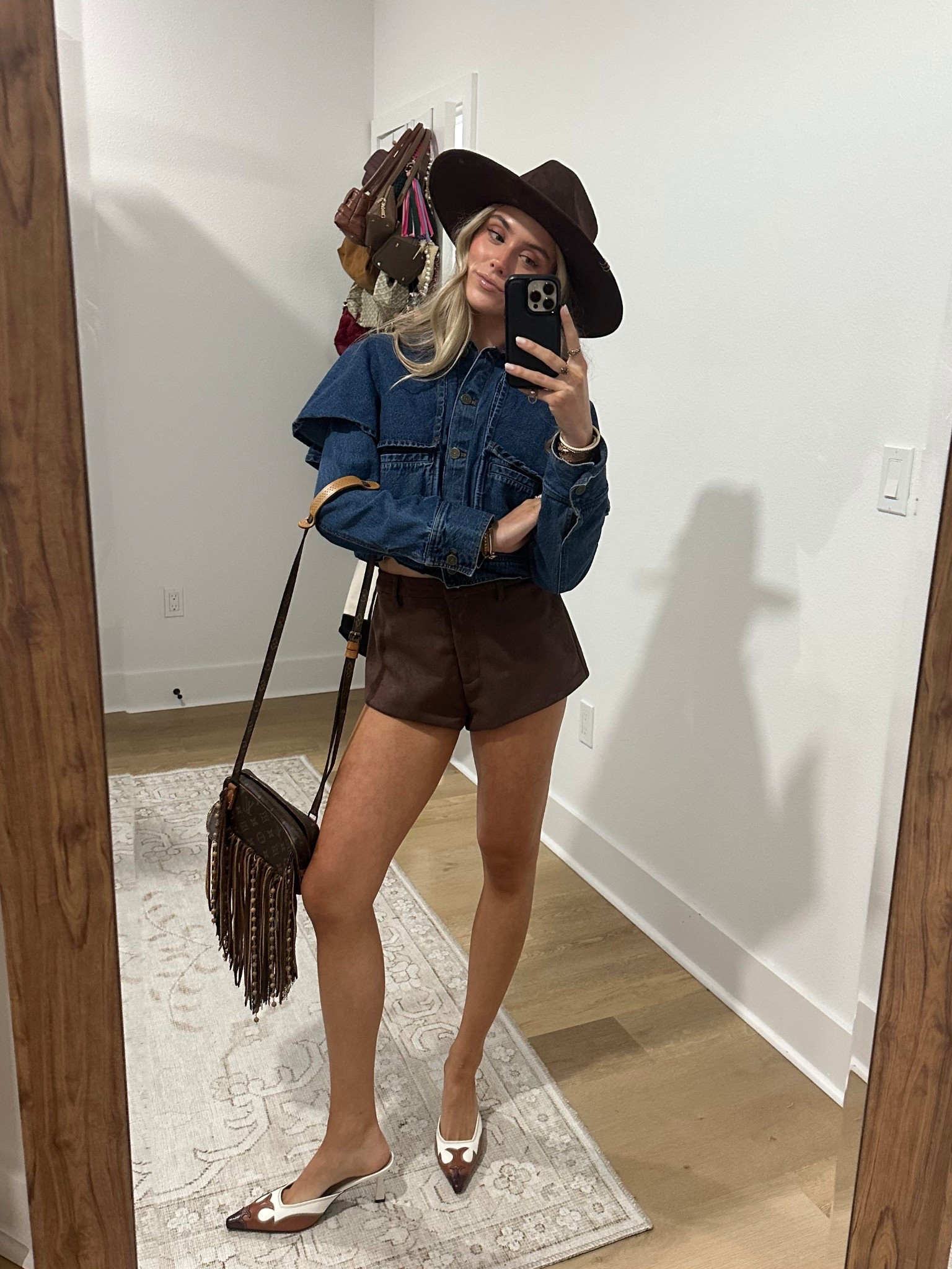 Cleobella Clarke jacket size XS. My shorts are from revolve brown suede micro shorts size 0. Amazon size 8 VOLEECE Pointed Toe Mules for Women Suede Slip On Kitten Heels Pumps with Stitching Flame Design Backless Wedding Dress Daily Pump Shoe for Party. My hat is Ab.lino. PBR outfit. Rodeo outfit  

#LTKdayinmylife #LTKSeasonal #LTKootd