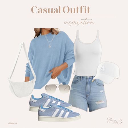 This causal spring outfit includes a lightweight sky blue sweater with a white tank (built in bra!), denim shorts, coordinating Adidas sneakers, an LA baseball hat, half moon crossbody bag, a layered silver necklace, and silver rimmed sunglasses.

Ootd, tall friendly shorts, spring outfit, summer outfit, casual outfit idea

#LTKfindsunder50 #LTKstyletip #LTKshoecrush