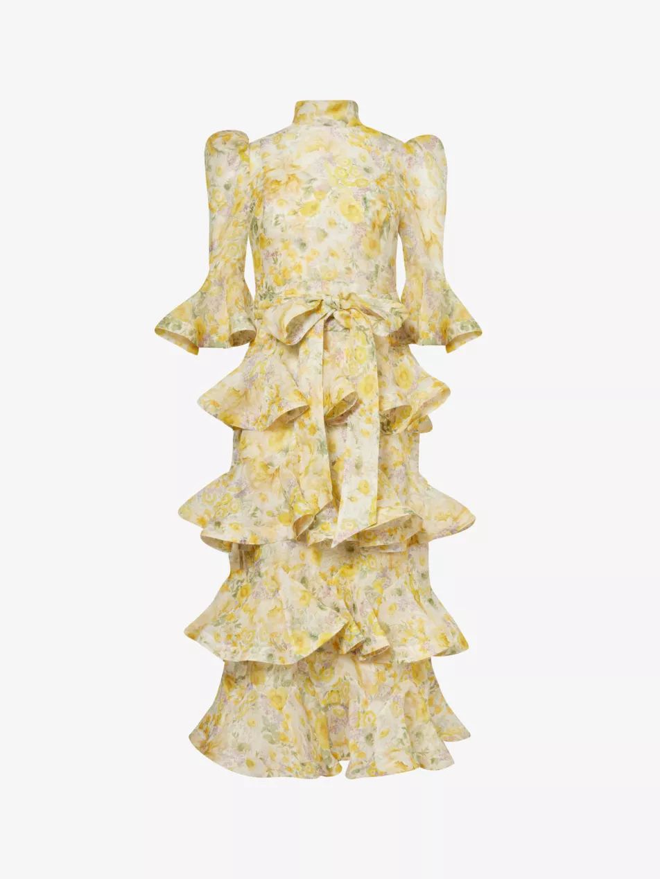 Puffed-shoulders tiered-hem linen and silk maxi dress | Selfridges