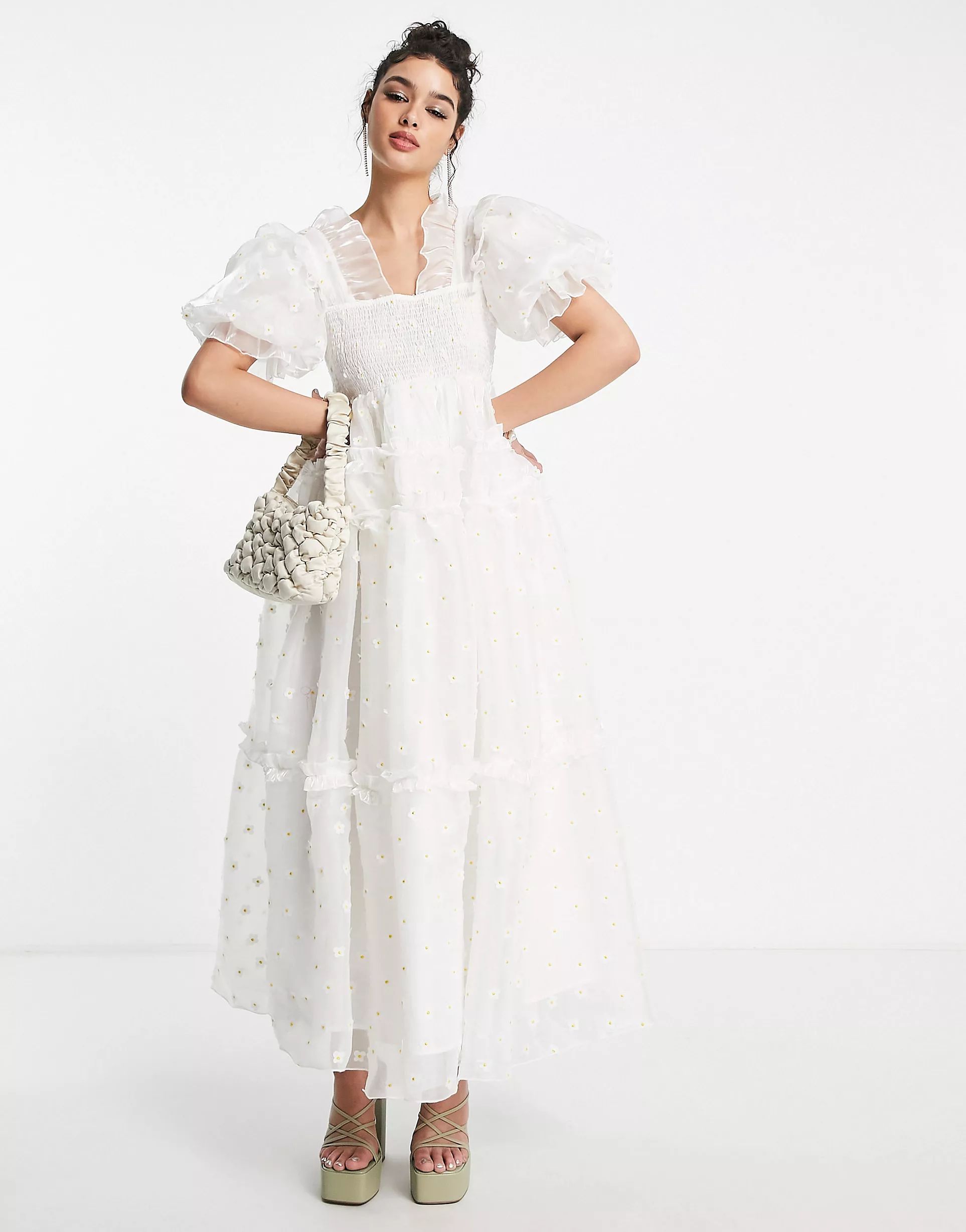 Dream Sister Jane organza puff sleeve smock dress in embroidered daisy print | ASOS (Global)