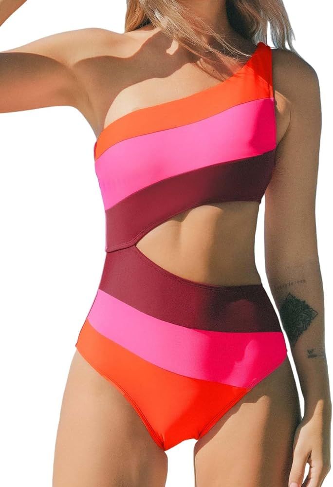 CUPSHE Women's One Piece Swimsuit One Shoulder Bathing Suit Cutout Color Block Swimwear | Amazon (US)