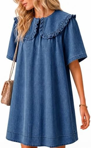 Wenrine Women's Summer Denim Mini Dress | Oversized, Peter Pan Collar, Short Sleeve, Casual Flowy... | Amazon (US)
