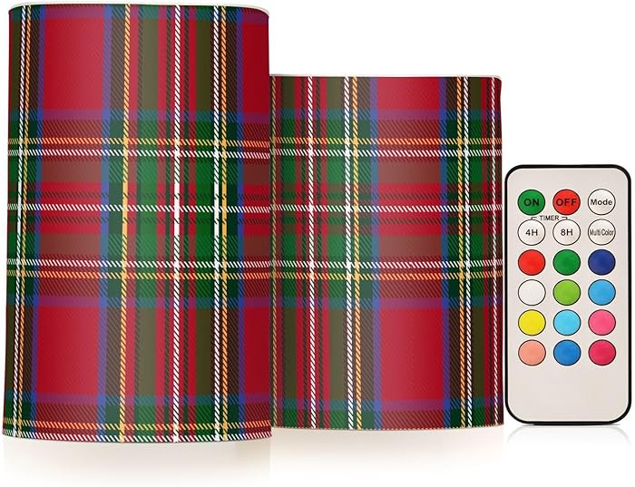 Flickering Flameless Candles, Christmas Red Green Tartan Plaid LED Candles with Remote Timer, Set... | Amazon (US)