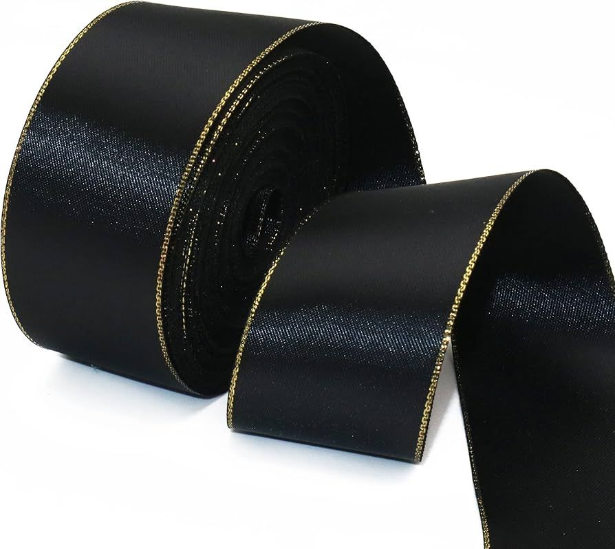 David accessories Black Satin Ribbon with Gold Edges 1.5 Inch Wide 20 Yards, Gold Border Fabric R... | Amazon (US)