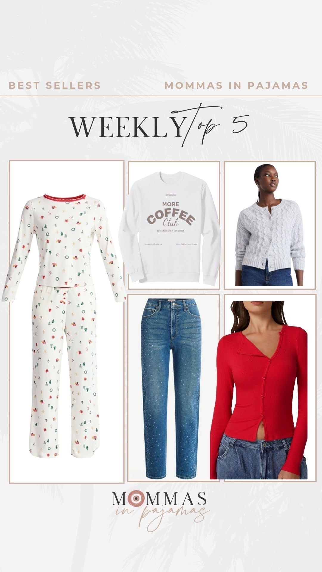 Bestsellers of the week:
Walmart holiday pajamas, gorgeous snowflake rhinestone button sweater and short girl approved jeans, Amazon date night top (on sale right now) my bestie coffee sweatshirt. 
Weekly bestsellers, red date night top, rhinestone jeans 