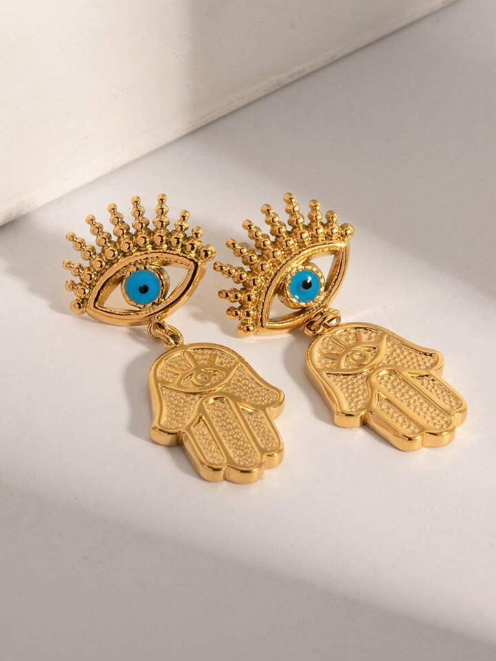 316L Stainless Steel 18K Gold Plated  Drop Oil Hand-Shaped Devil's Eye Pendant Earring Waterproof... | SHEIN