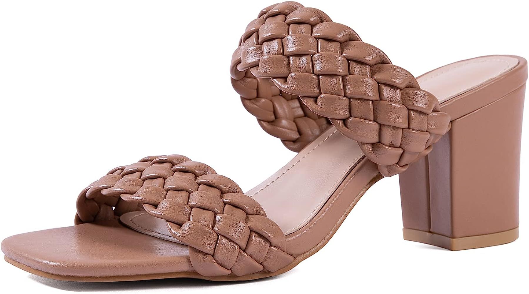 Women Heels Sandals Woven Chunky Heels Braided Nude Square Toes Leather Comfortable Strappy Dress Ca | Amazon (US)