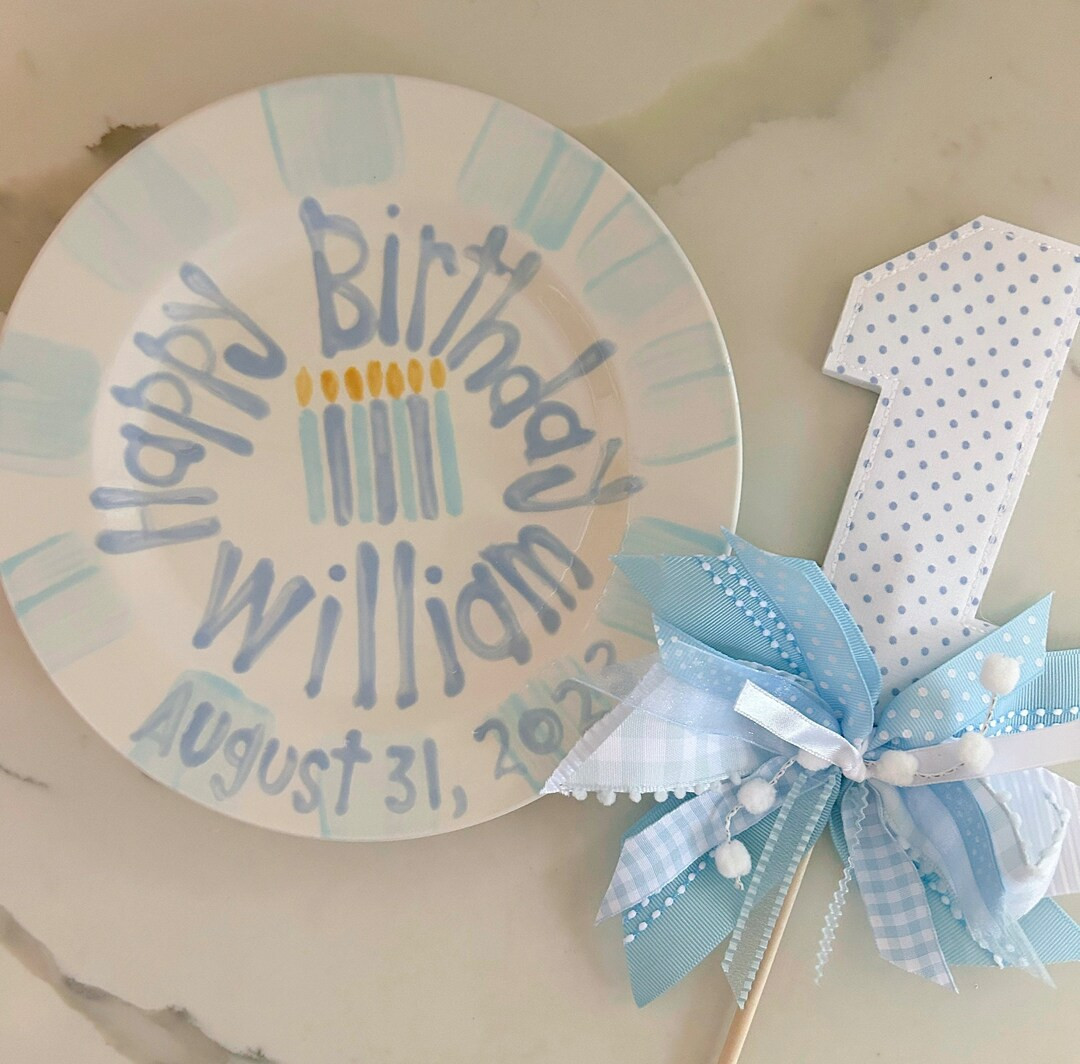 Hand-painted Boy's Birthday Plate: Blue Stripes & Candles - Etsy | Etsy (US)