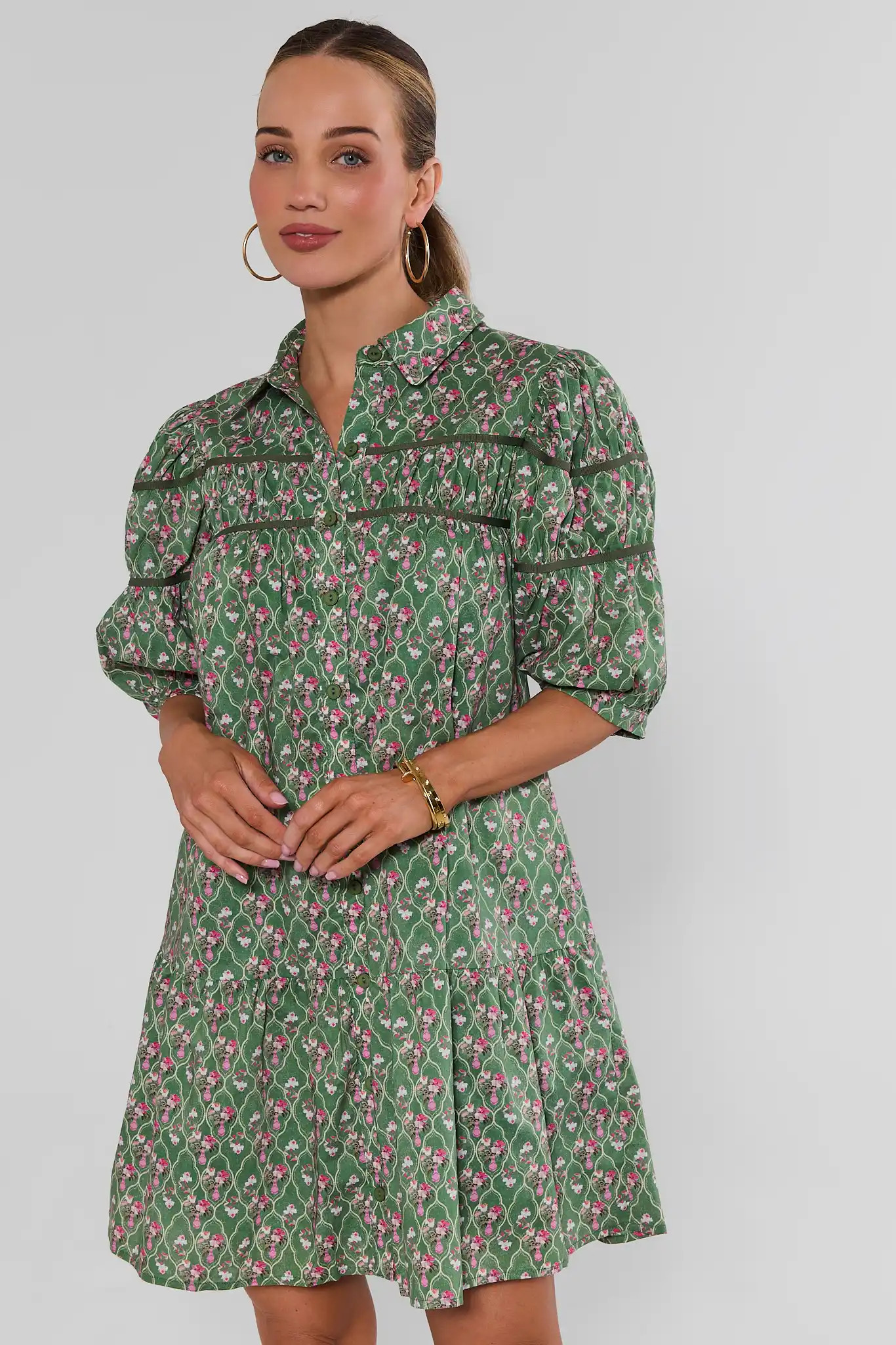 Green Floral Drop Waist Short Dress | Avara