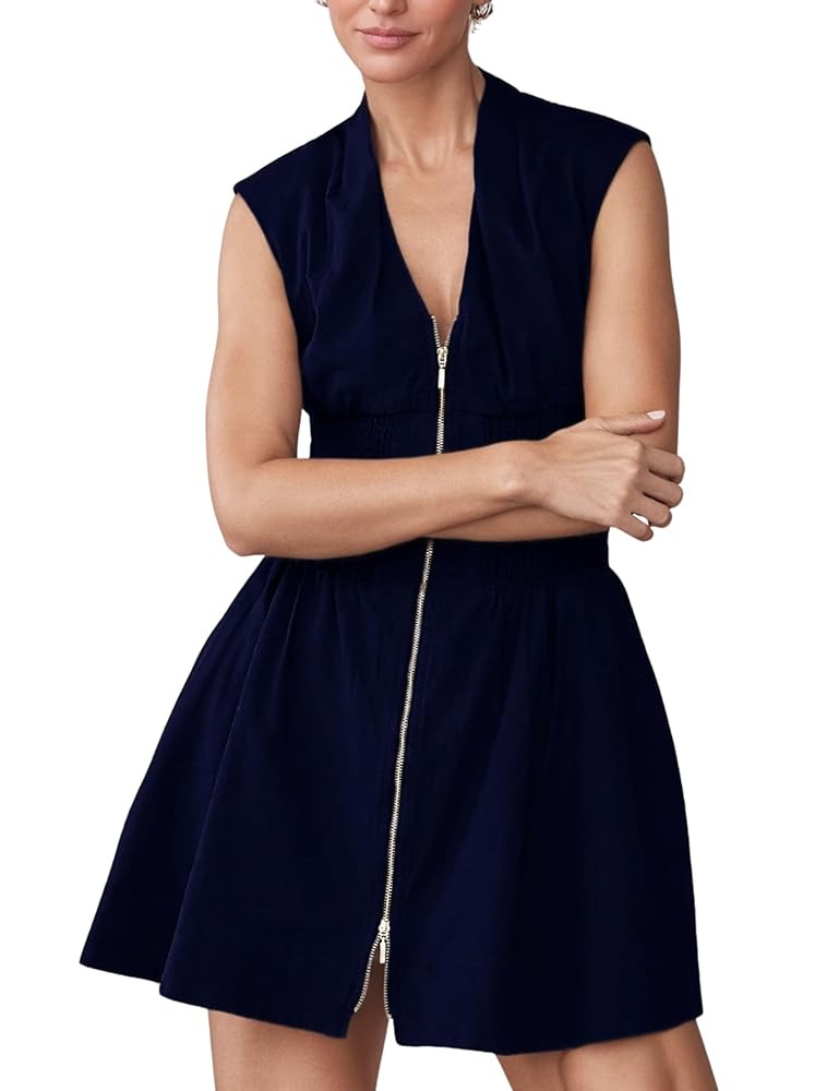 Women’s V Neck Summer Dress Cap Sleeve Zipper Mini Dress Smocked Slit Dress with Pockets | Amazon (US)