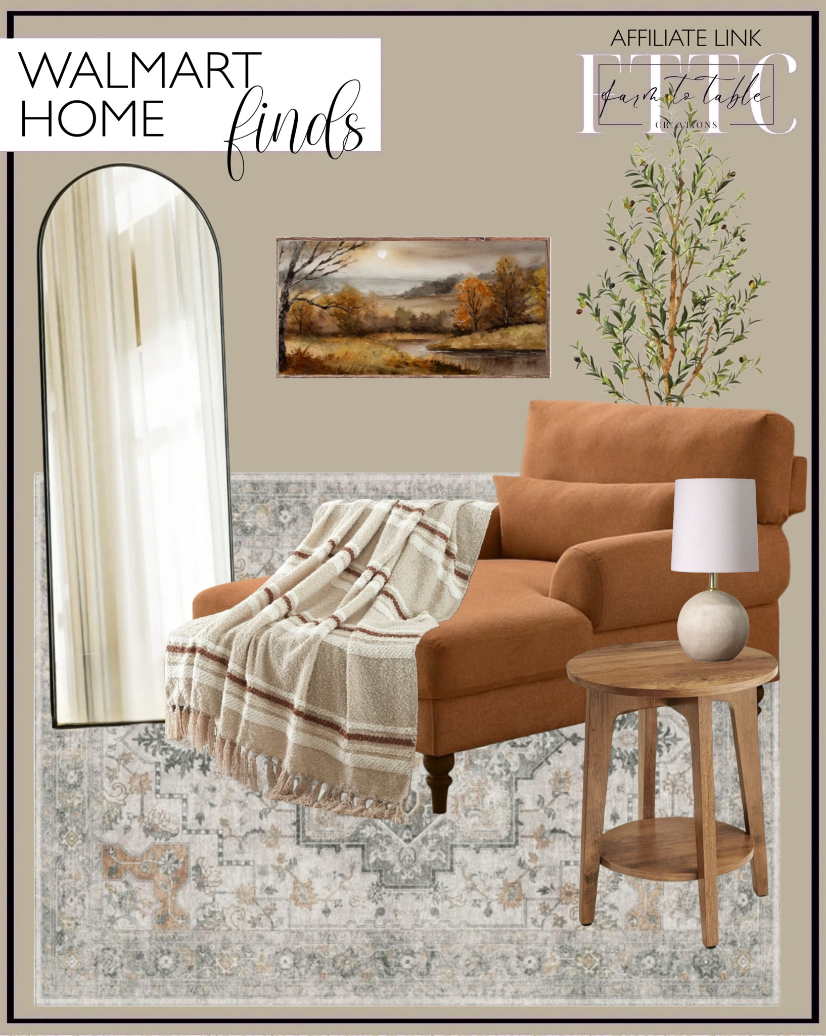 Walmart Home Finds. Follow @farmtotablecreations on Instagram for more inspiration.

Use my code FARMTOTABLE for 15% off Etsy artwork. 

Beautiful Cozy Striped Porcini Chenille Throw by Drew Barrymore. Better Homes & Gardens 10" Ribbed Glass Vase, Champagne. Best Selling Modern Area Rug 5x7 Non Slip Hallway Runner Rug. Modern Linen Fabric Indoor Chaise Lounge Chair. Beautypeak arched mirror. Vasagle Round Side Table. Mainstays Mini Ball Base Table Lamp. 6FT Artificial Olive Tree. Autumn Sunset Over The Creek Canvas Sign. 

Home Decor | Halloween Decorations | Bedroom corner | Coffee Table Decor | Fall Decor | Fall Stem Sale | Target Finds | Skinny Bench | Bedroom | Living Room | Breakfast Nook | Amazon Home | Target Sale | Loloi Rugs | Magnolia Home | console table | console table styling | faux stems | entryway space | home decor finds | neutral decor | entryway decor | cozy home | affordable decor |  home decor | home inspiration | fall stems | fall console | fall vignette | fall decor | fall decorations | console styling | entryway rug | cozy moody home | moody decor | neutral home

#LTKHome #LTKFindsUnder50 #LTKSaleAlert