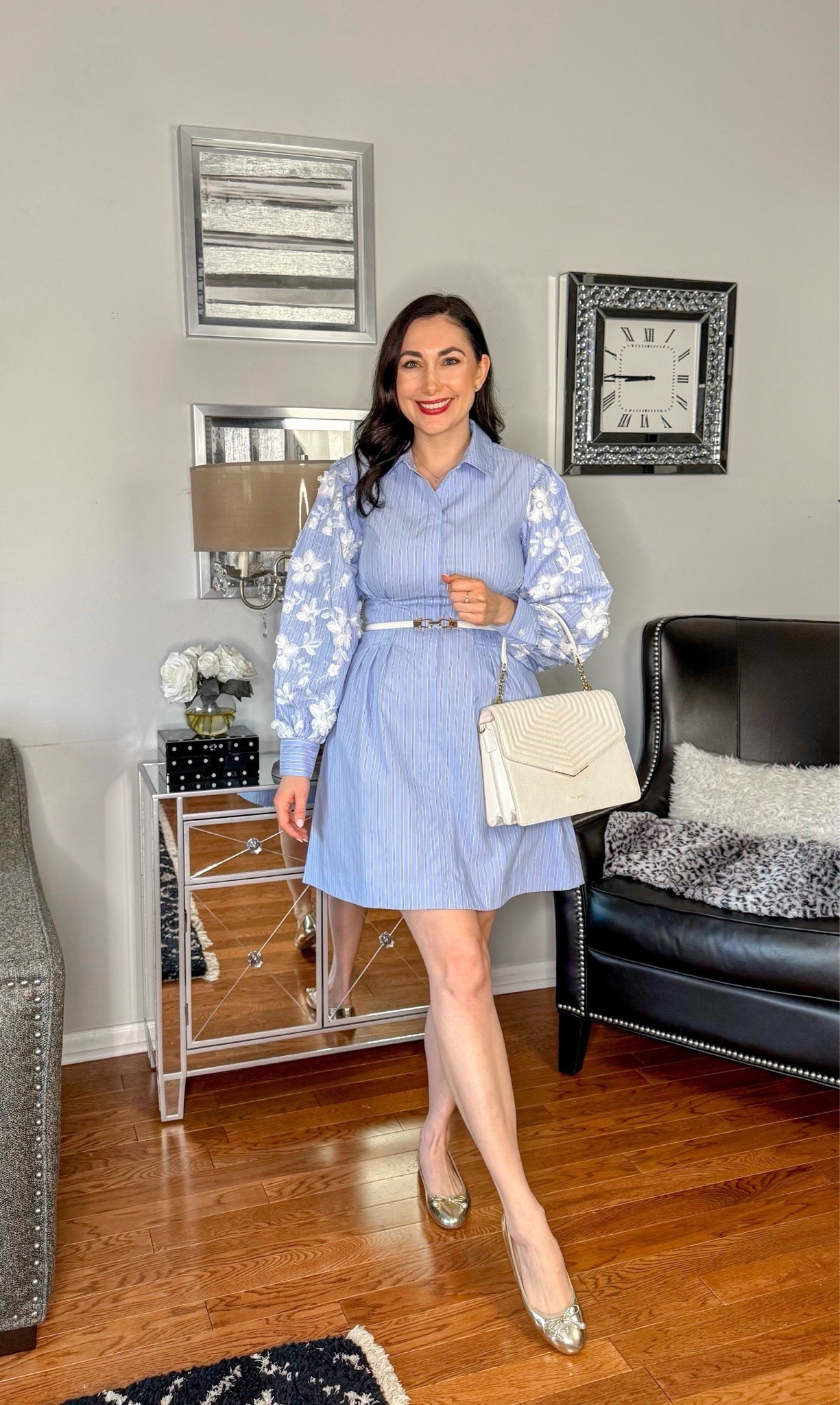 Business casual work outfit 💙🤍

Blue and white striped mini dress size small, slight snug in bust (on major sale)
Gold ballet flats size 6.5, sized down half size 

Work dress 
Work wear 
Spring dress 
Summer dress 
Office outfit 


#LTKSeasonal #LTKSaleAlert #LTKWorkwear