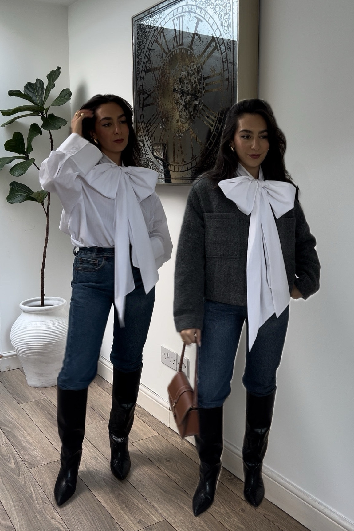 Styling bow shirt, oversized bow shirt, grey shacket, jeans, mom jeans, shoulder bag, brown bag, tan bag, knee high boots, croc boots, heeled boots, h&m, topshop, asos 

#LTKworkwear #LTKstyletip #LTKSeasonal