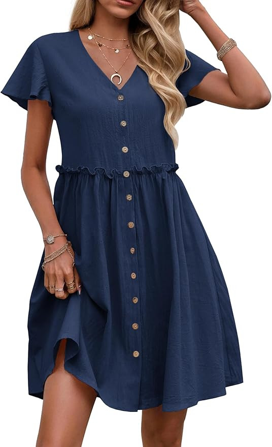 Zeagoo Button Down Summer Dress 2025 Spring Flutter Sleeve Cotton Linen Dress with Pockets Beach ... | Amazon (US)