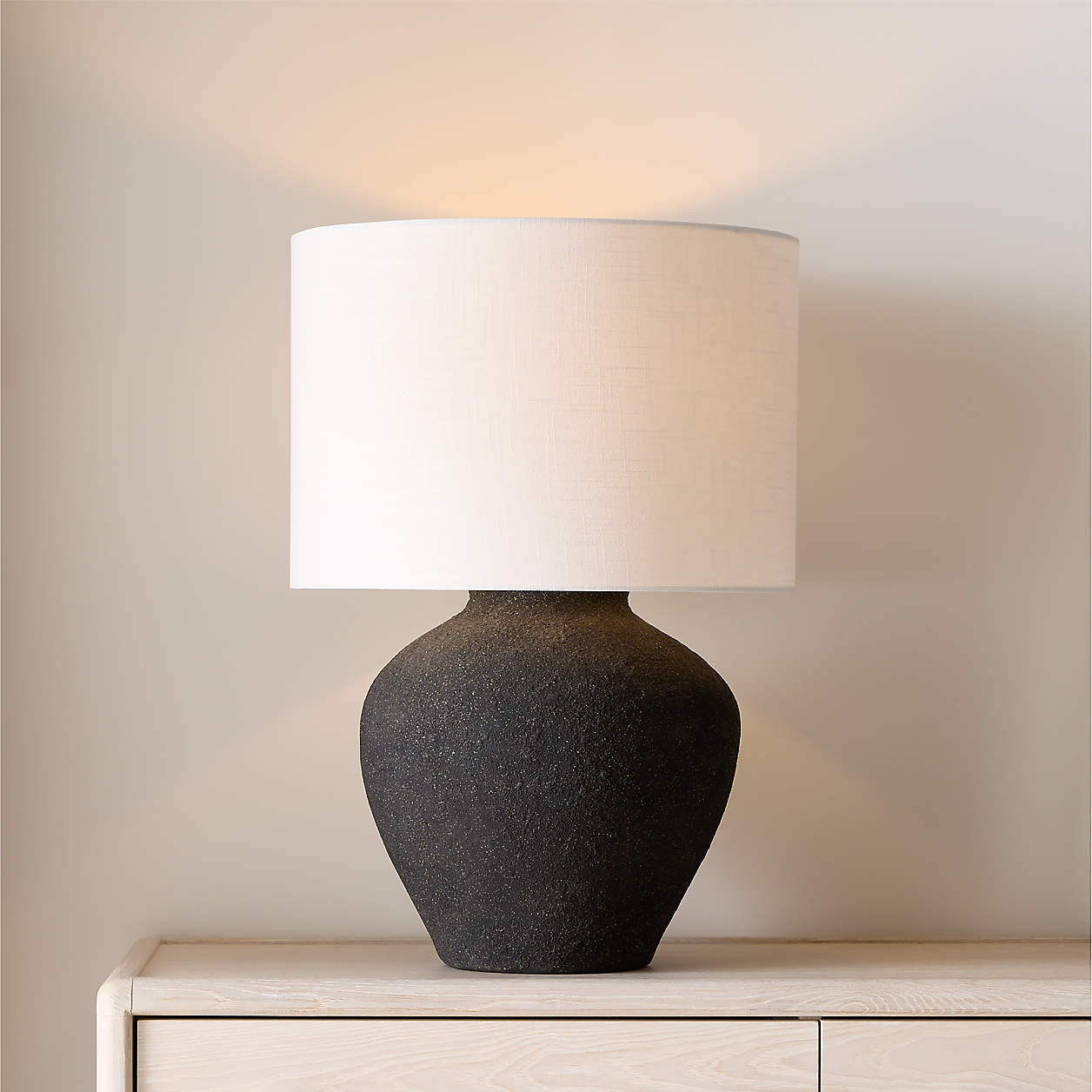 Corfu Black Table Lamp with Linen Drum Shade Bedroom Lighting + Reviews | Crate & Barrel | Crate & Barrel