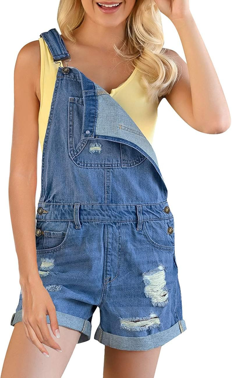 GRAPENT Women's Ripped Denim Shortalls Adjustable Straps Bib Overall Jean Shorts | Amazon (US)