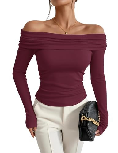 Prettywear Women's Sexy Off Shoulder Tops Dressy Casual Long Sleeves Going Out Nightout Shirt(Burgundy,S) | Amazon (US)