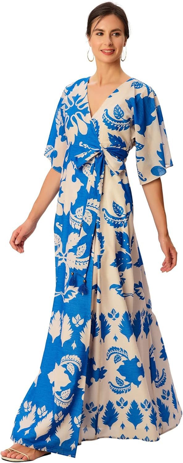 eShakti Women's Floral Tile Print Cotton Voile wrap Dress | Amazon (US)