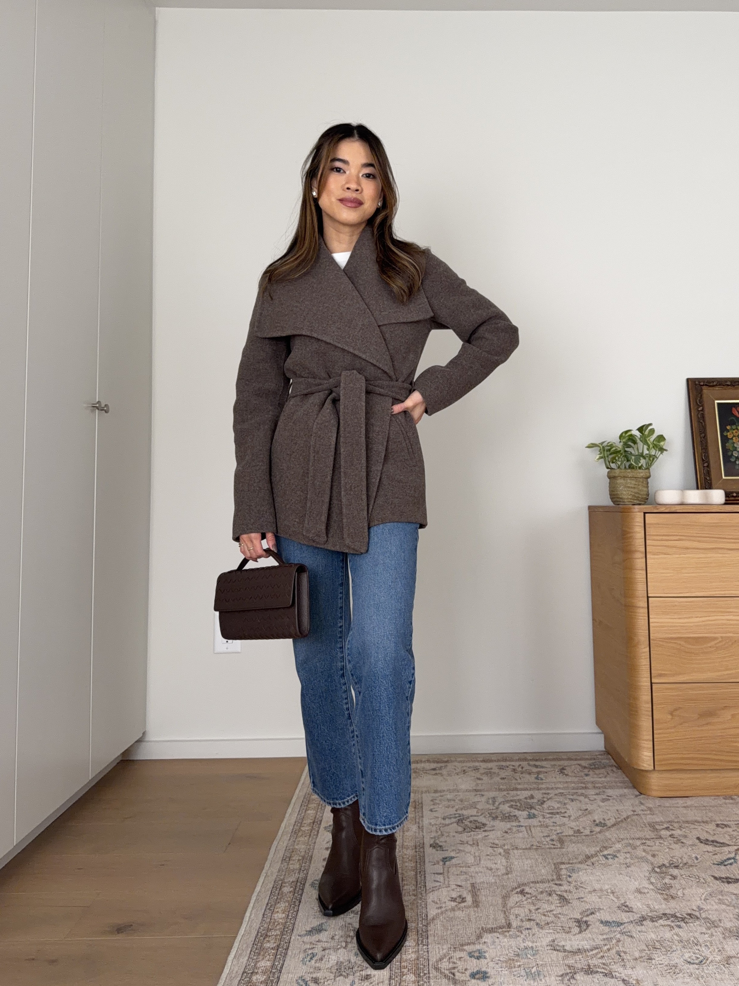 Wearing all @Quince! This wrap coat is everything.

Sizing info: 
•Quince Bella Rigid Straight Jeans (Size 24 Short in Horizon Blue) 
•Quince cotton boxy crewneck tee (Size XS in White) 
•Quince Double-Faced Merino Wool Draped Collar Short Wrap Coat (Size XS in Cocoa Melange) 

petite fashion, get dressed with me, outfit inspiration, ootd, nashville outfit, Nashville influencer, petite style, vacation style, casual outfits, mom style, petite pants, fall outfits, fall outfit info, fall pants, fall outfit idea, fall top, fall sweater, fall shoes, quince, petite jeans, cardigan, fall jacket, fall boots, ankle boots 

 #LTKootd #LTKSeasonal #LTKPetite