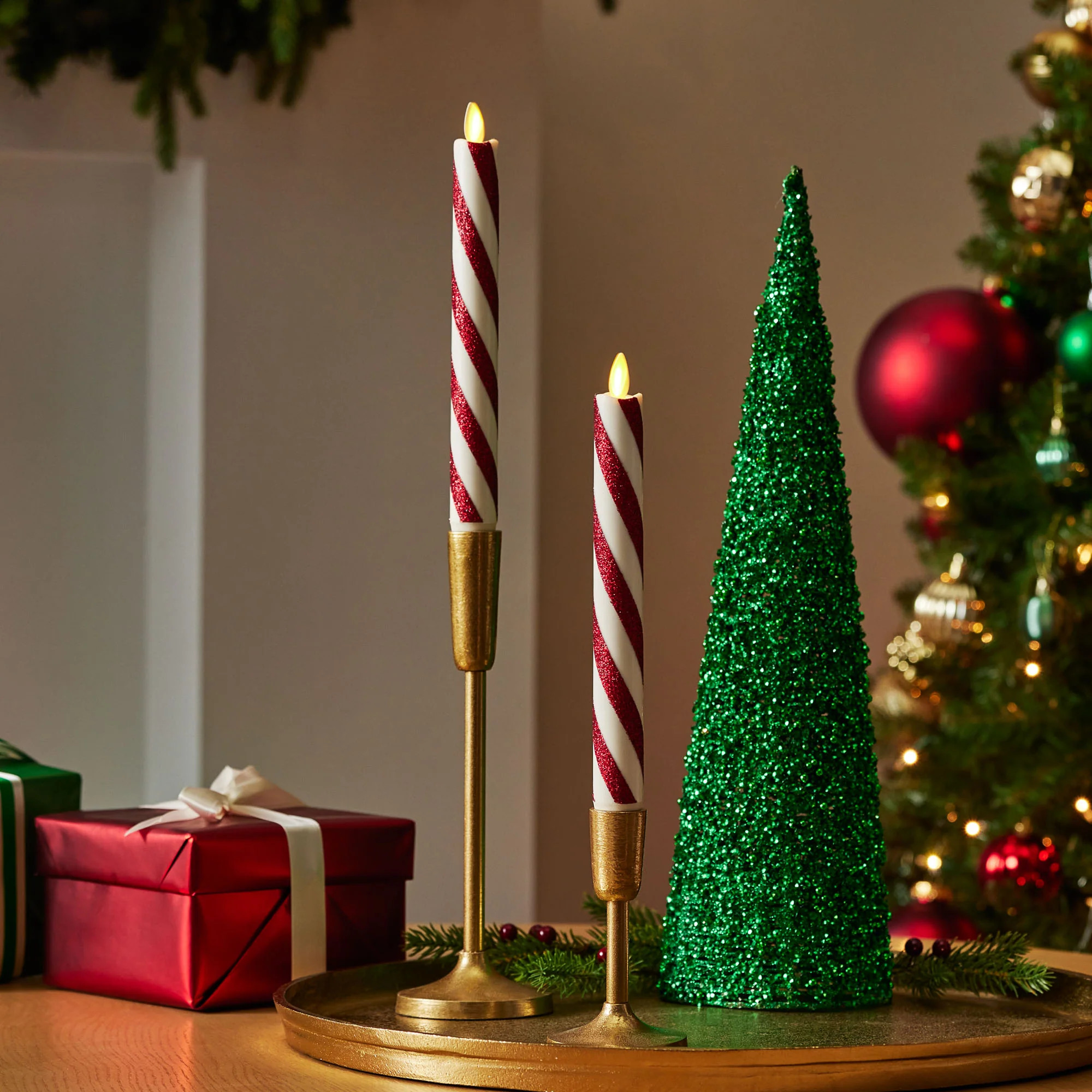 Red Candy Cane Glitter Stripe White Flameless Candle Tapers - Set of 2 | Luminara