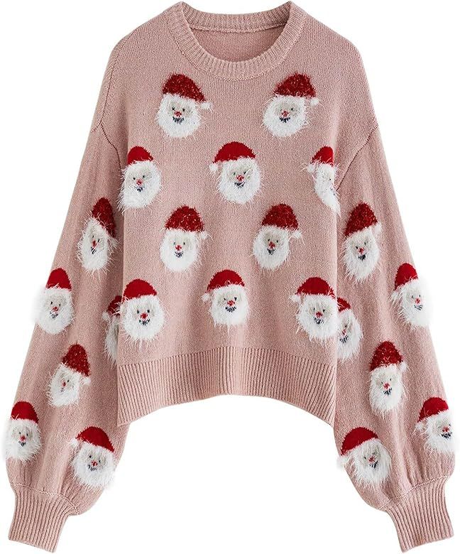 CHICWISH Women's Black/Green/Pink/Red Fuzzy Santa Claus Knit Top | Amazon (US)