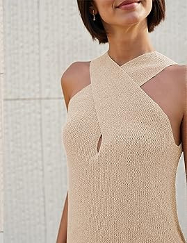 Yeokou Women Halter Cross Over Collar Tank Knit Sleeveless Top Solid Color Casual Summer Blouse | Amazon (US)