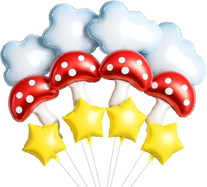 Sumind 12 Pcs Cloud Mushroom Star Balloons Kit White Red Yellow Foil Balloons for Cartoon Video G... | Amazon (US)