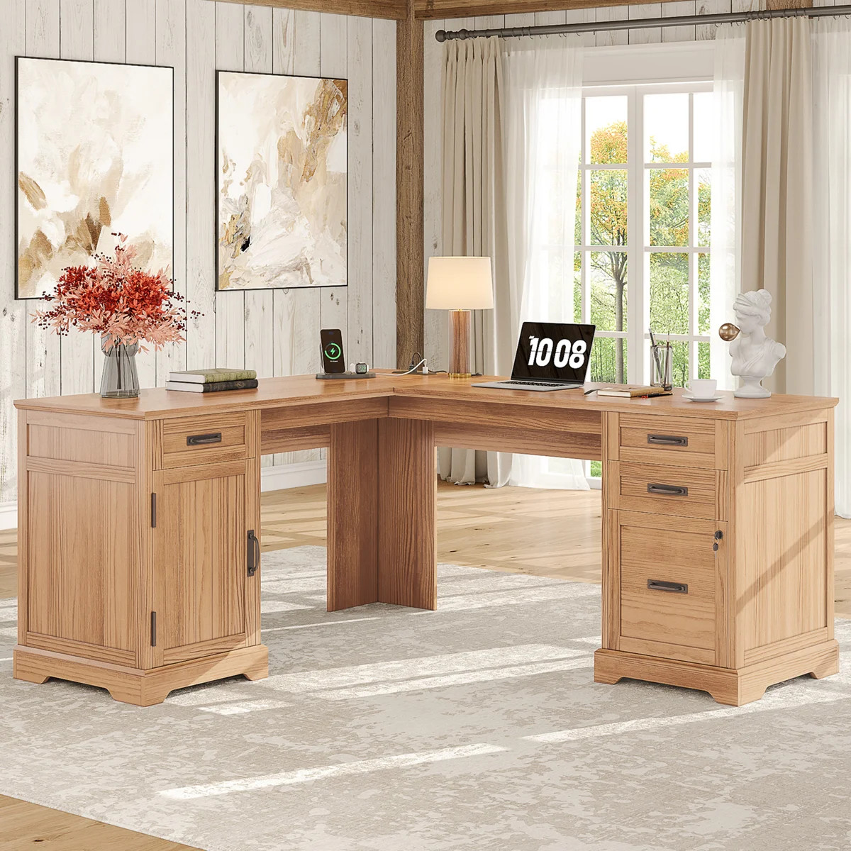 67'' Farmhouse L Shaped Desk with Drawers, Home office Corner Computer Desk with File Storage and... | Wayfair North America