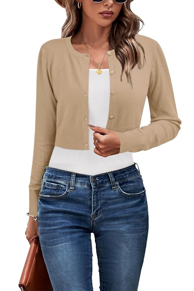 Newshows Cropped Cardigan Sweaters for Women 2025 Crew Neck Button Down Open Front Knit Bolero Sh... | Amazon (US)